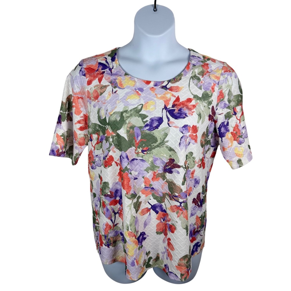 Chico's 2 Garden Floral Short Sleeve Textured Knit Top Multicolor Crew Neck